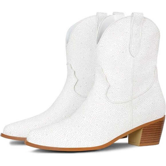 Women's Rhinestone Western Cowgirl Boots Embroidered Ankle High Pointed Toe - Picture 5 of 6